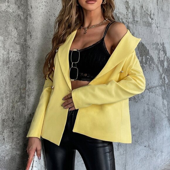 Yellow Elegant Women's Double Breasted Lapel Collar Blazer - Picture 5 of 5